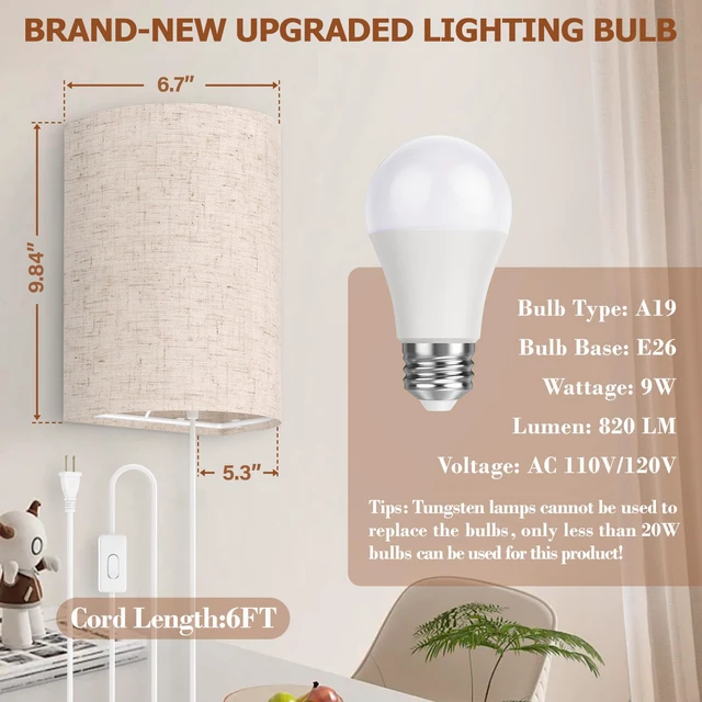 Alt view image 3 of 7 - Plug in Wall Sconces Set of Two Wall Lights Lamp with On/Off Switch 3000K 4500K 6000K Selectable Fixtures Fabric Linen Shade Wall Decor Wall Lights for Bedroom Living Room Hallway Indoor