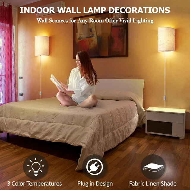 Alt view image 5 of 7 - Plug in Wall Sconces Set of Two Wall Lights Lamp with On/Off Switch 3000K 4500K 6000K Selectable Fixtures Fabric Linen Shade Wall Decor Wall Lights for Bedroom Living Room Hallway Indoor