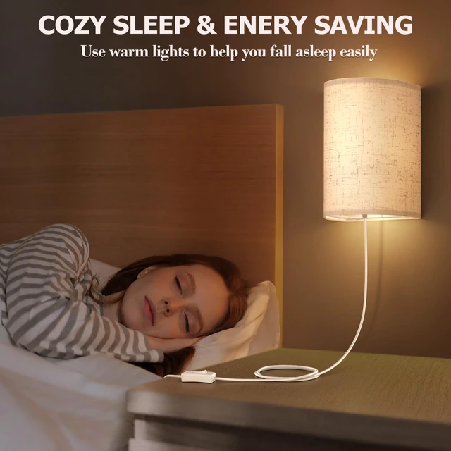 Alt view image 7 of 7 - Plug in Wall Sconces Set of Two Wall Lights Lamp with On/Off Switch 3000K 4500K 6000K Selectable Fixtures Fabric Linen Shade Wall Decor Wall Lights for Bedroom Living Room Hallway Indoor