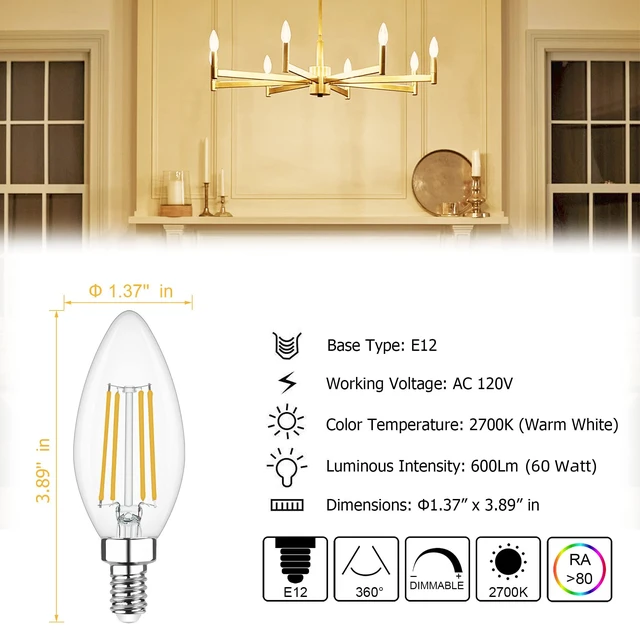 Alt view image 3 of 7 - Dimmable E12 LED Candelabra Bulb 2700K Warm White 60W Equivalent 8 Pack, 600LM CRI 85+ AC 120V Type B Bulb for Chandeliers, Ceiling Fans, Clear Glass Candle Shape, Vintage Filament, 6 Pack