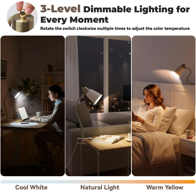 Alt view image 2 of 7 - Desk lamp Eye-Caring Table Lamps 360°Rotation Gooseneck Clip on Lamp Portable Desk Light Reading Book Light, Clamp Light, Study Desk Lamps for Bedroom and Office Home Lighting (Black and White)