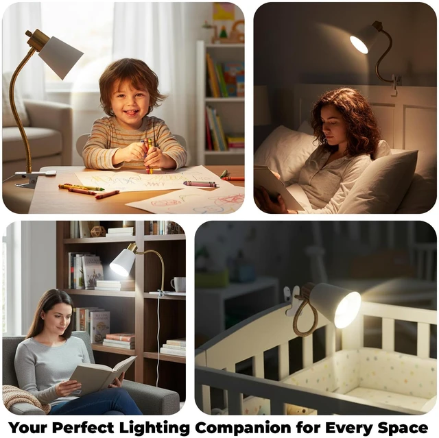 Alt view image 6 of 7 - Desk lamp Eye-Caring Table Lamps 360°Rotation Gooseneck Clip on Lamp Portable Desk Light Reading Book Light, Clamp Light, Study Desk Lamps for Bedroom and Office Home Lighting (Black and White)