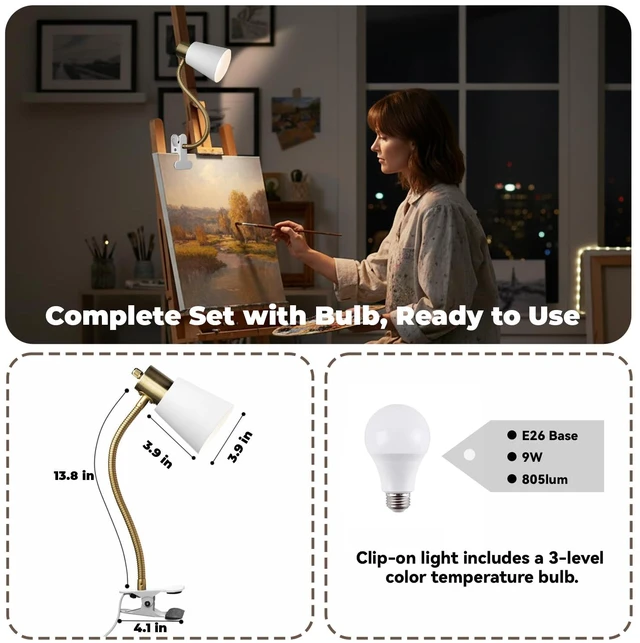 Alt view image 7 of 7 - Desk lamp Eye-Caring Table Lamps 360°Rotation Gooseneck Clip on Lamp Portable Desk Light Reading Book Light, Clamp Light, Study Desk Lamps for Bedroom and Office Home Lighting (Black and White)