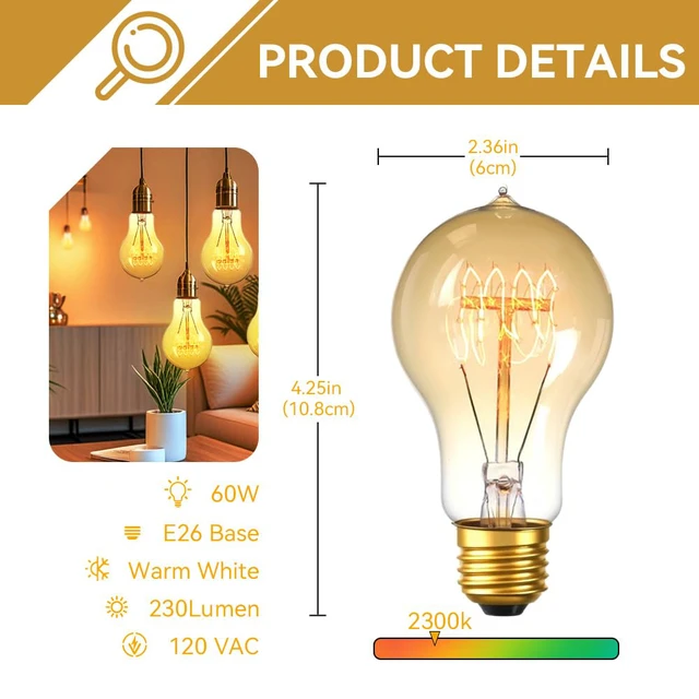 Alt view image 2 of 7 - 4-Pack Edison Light Bulb 60 Watt Dimmable A19 Vintage Warm Bulb Antique Vintage Old Fashioned E26 Incandescent Light Bulbs, Amber Warm White, 110V 230LM 2200K Edison Bulbs for Bedroom&Cafe