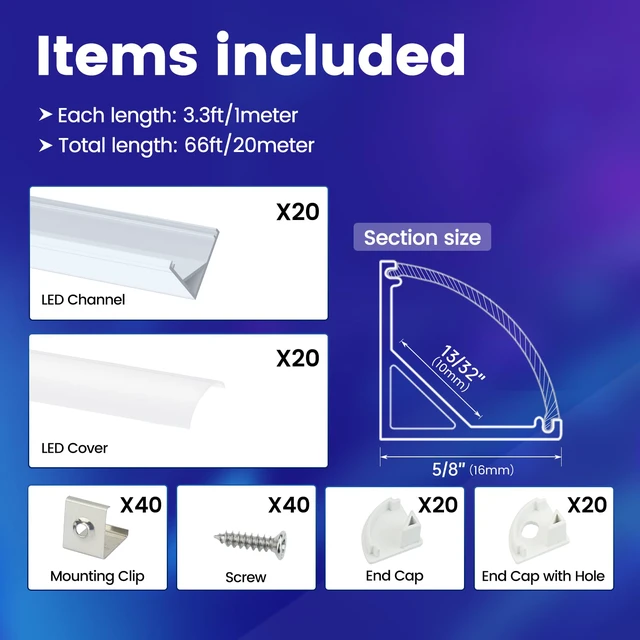 Alt view image 5 of 7 - 20Pack 3.3FT Silver V-Shape Corner LED Channel Milky Cover V1SW WW Silver LED Channel, Milky Diffuser Cover, 16x16mm V Shape, Corner Lighting, Fits 10mm LED Strips