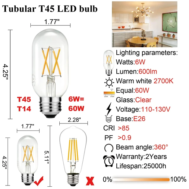 Alt view image 5 of 7 - T45 E26 Light Bulb,6w=60w,Soft White Light Bulbs,2700K,Dimmable Led Edison Bulb,600lm,AC120V,ETL,Incandescent Light Bulbs 60 watt for Chandelier,Ceiling Fan bulbs,Bathroom,Vanity,Desk,6Pack