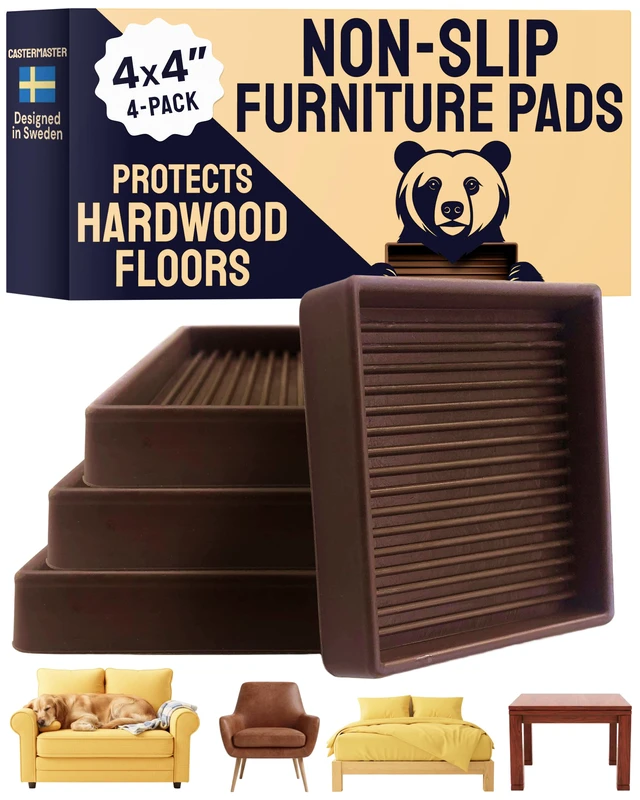 Main image of Non-Slip Furniture Pads - 4x4 in Brown, 4 Pack Square rubber caster cups - anti-skid - Use for heavy sofas, beds & chairs on hardwood floors