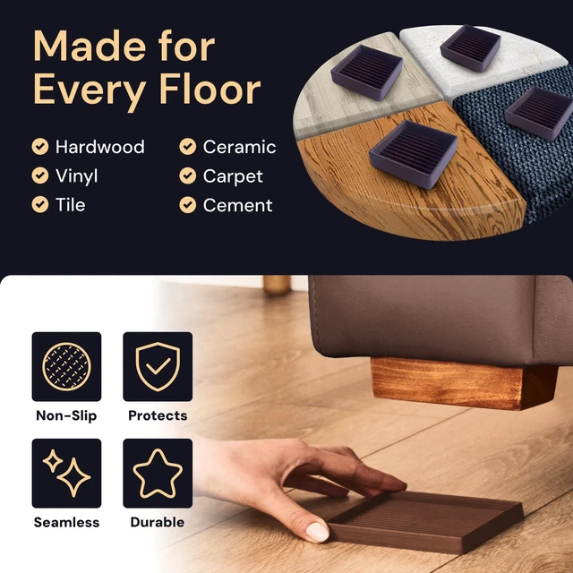 Alt view image 6 of 7 - Non-Slip Furniture Pads - 4x4 in Brown, 4 Pack Square rubber caster cups - anti-skid - Use for heavy sofas, beds & chairs on hardwood floors