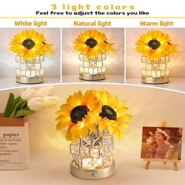 Alt view image 3 of 7 - Birthday Gifts for Women,Sunflower Flower Touch Lamp,Rechargeable Cordless 3-Colour Dimming Small Night Light for Festival,Restaurant,Bedroom Housewarming Gifts for Mom