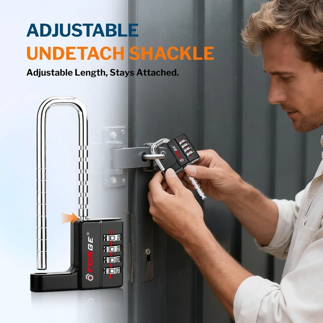Alt view image 7 of 7 - Combination Lock, Black, 2 Locks 4-Digit Heavy Duty, Adjustable Long Shackle 1.57"-3.85", Waterproof, Zinc Alloy, For Outdoor Gate, Fence, Gym Locker, Toolbox