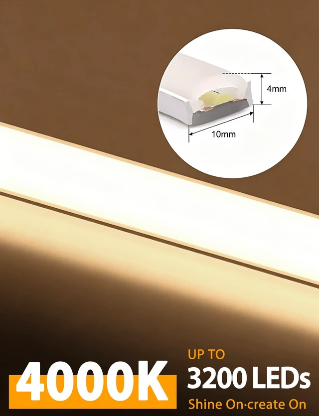 Alt view image 3 of 7 - COB LED Strip Lights 32.8ft, Natural White Dimmable Rope with Remote Flexible Neon Tape, Self-Adhesive, Quick Connect, Waterproof, 4000K 24V Silicone for Bedroom,Cabinet,Indoor,10mm Wide,CRI 90+