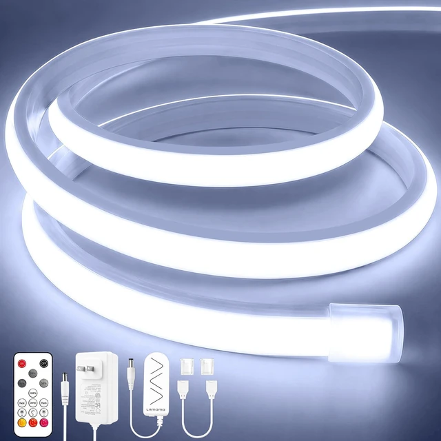 Main image of COB LED Strip Lights 32.8ft, White Dimmable Neon Rope with Remote Flexible Tape, Self-Adhesive, Quick Connect, Waterproof, 6000K 24V Silicone for Bedroom, Cabinet, Indoor, 10mm Wide, CRI 90+