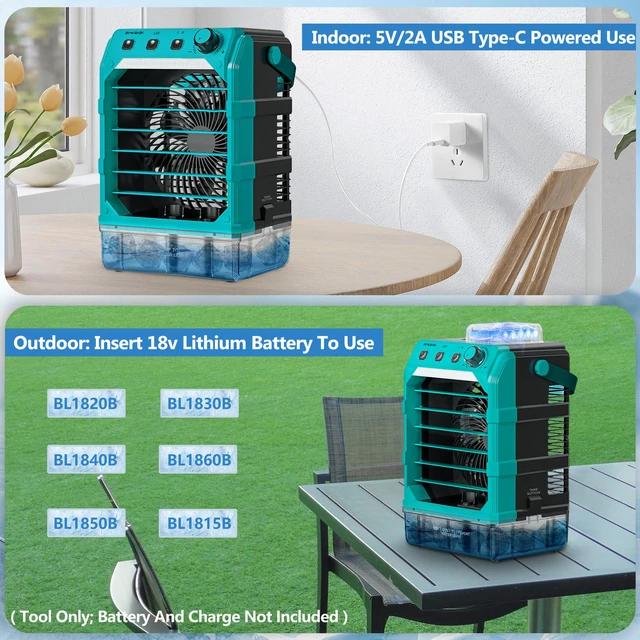 Alt view image 4 of 7 - Misting Fan Portable Compatible for Makita 18V Battery (No Battery) or USB Powered, Cooling Fan with 7 Lights, 8H Timer, 1600ML Water Tank for Outside Tent Jobsite Office Desk