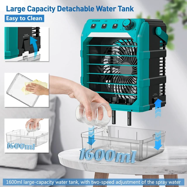 Alt view image 5 of 7 - Misting Fan Portable Compatible for Makita 18V Battery (No Battery) or USB Powered, Cooling Fan with 7 Lights, 8H Timer, 1600ML Water Tank for Outside Tent Jobsite Office Desk