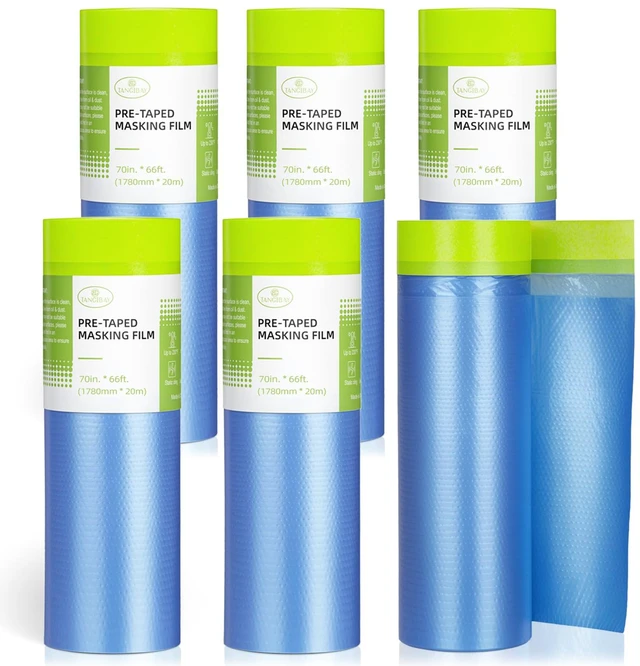 Main image of Pre-Taped Masking Film for Painting - 70" x 66' Painters Plastic Sheeting for House & Automotive Paint, Tape and Drape for Covering Cars, Walls, Windows and Furniture Protection (6 Rolls)