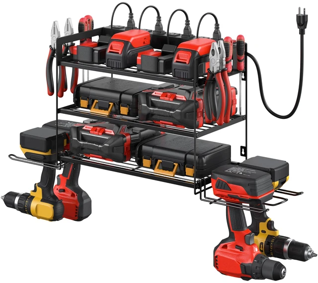 Main image of Garage Tools Storage with Charging Station. Power Tool Battery Organizer Utility Shelf with Power Strip. 4 Drills Holder Wall Mount Rack, Black 3 Layer