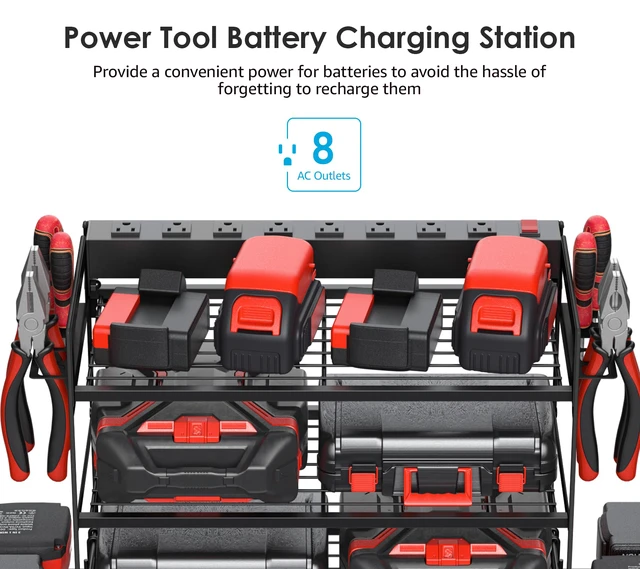 Alt view image 2 of 7 - Garage Tools Storage with Charging Station. Power Tool Battery Organizer Utility Shelf with Power Strip. 4 Drills Holder Wall Mount Rack, Black 3 Layer