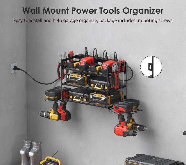 Alt view image 3 of 7 - Garage Tools Storage with Charging Station. Power Tool Battery Organizer Utility Shelf with Power Strip. 4 Drills Holder Wall Mount Rack, Black 3 Layer
