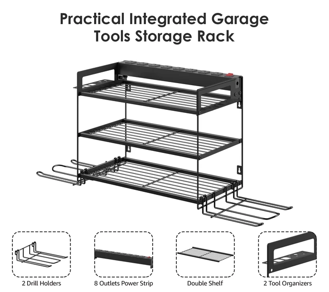Alt view image 4 of 7 - Garage Tools Storage with Charging Station. Power Tool Battery Organizer Utility Shelf with Power Strip. 4 Drills Holder Wall Mount Rack, Black 3 Layer
