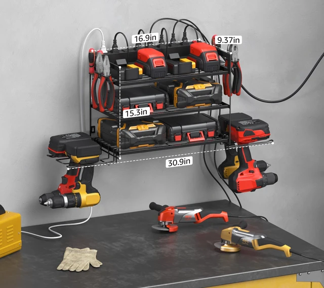 Alt view image 6 of 7 - Garage Tools Storage with Charging Station. Power Tool Battery Organizer Utility Shelf with Power Strip. 4 Drills Holder Wall Mount Rack, Black 3 Layer