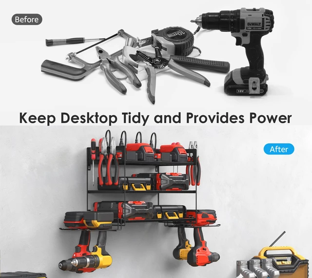 Alt view image 7 of 7 - Garage Tools Storage with Charging Station. Power Tool Battery Organizer Utility Shelf with Power Strip. 4 Drills Holder Wall Mount Rack, Black 3 Layer