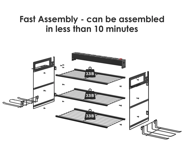 Alt view image 5 of 7 - Garage Tools Storage with Charging Station. Power Tool Battery Organizer Utility Shelf with Power Strip. 4 Drills Holder Wall Mount Rack, Black 3 Layer