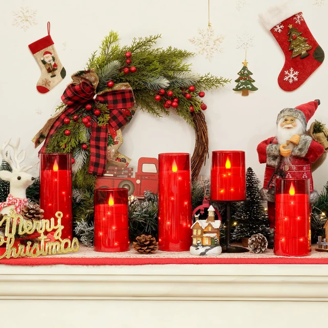 Alt view image 3 of 7 - Flickering Flameless Candles, Red LED Pillar Candles with Remote Candles Battery Operated with Timer and Embedded Star String Lights for Christmas, New Year & Indoor Holiday Home Decor