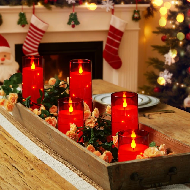 Alt view image 2 of 7 - Flickering Flameless Candles, Red LED Pillar Candles with Remote Candles Battery Operated with Timer and Embedded Star String Lights for Christmas, New Year & Indoor Holiday Home Decor