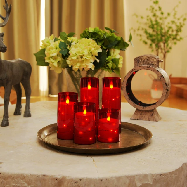 Alt view image 4 of 7 - Flickering Flameless Candles, Red LED Pillar Candles with Remote Candles Battery Operated with Timer and Embedded Star String Lights for Christmas, New Year & Indoor Holiday Home Decor