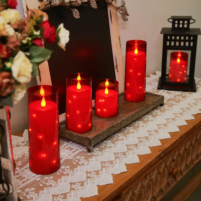 Alt view image 5 of 7 - Flickering Flameless Candles, Red LED Pillar Candles with Remote Candles Battery Operated with Timer and Embedded Star String Lights for Christmas, New Year & Indoor Holiday Home Decor