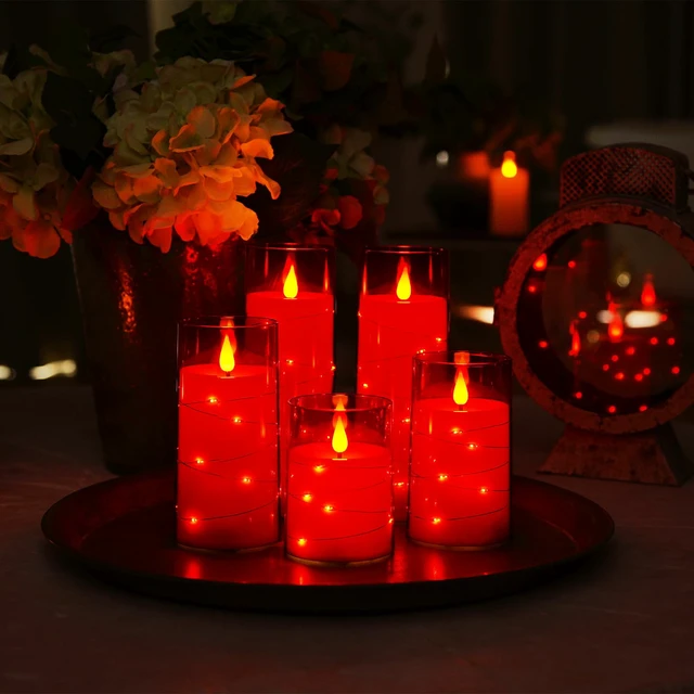Alt view image 5 of 7 - Flickering Flameless Candles, Red LED Pillar Candles with Remote 9 Pack Christmas Candles Battery Operated with Timer and Embedded Star String Lights for New Year & Indoor Holiday Home Decor