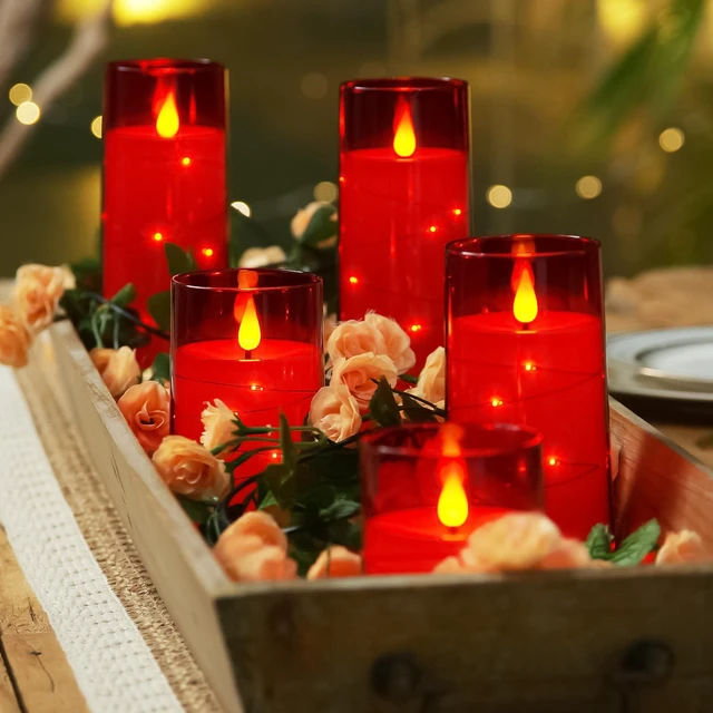 Alt view image 7 of 7 - Flickering Flameless Candles, Red LED Pillar Candles with Remote Candles Battery Operated with Timer and Embedded Star String Lights for Christmas, New Year & Indoor Holiday Home Decor