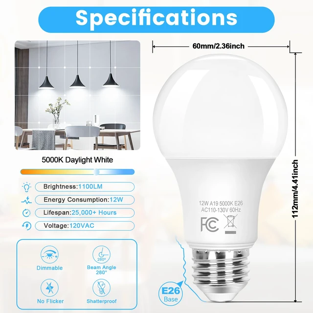 Alt view image 2 of 7 - A19 LED Light Bulbs Dimmable, 100 Watt Equivalent Light Bulbs, Daylight White 5000K, 1100 Lumens, 12W Bright E26 LED Bulb, Energy Efficient for Bedroom Living Room Home Office Lamp, 8-Pack