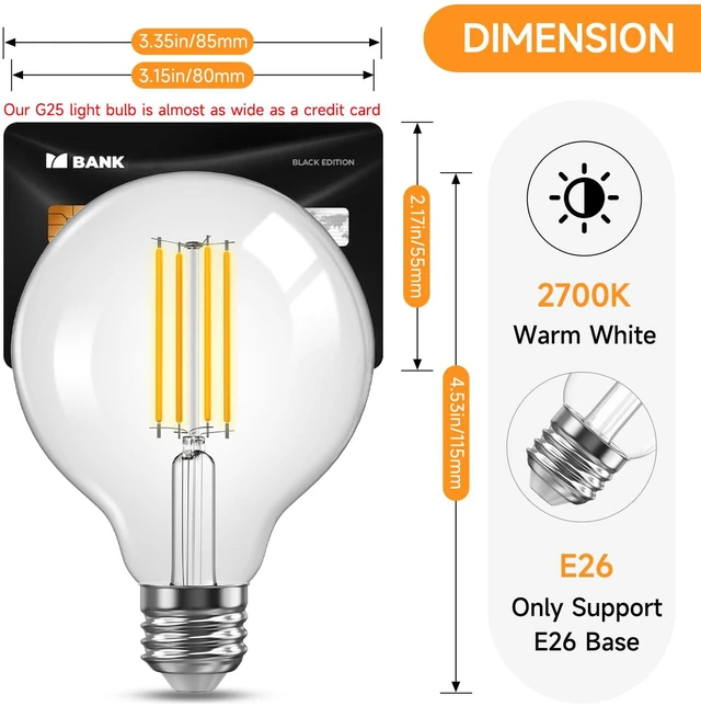 Alt view image 2 of 7 - G25 LED Globe Light Bulbs for Vanity, 60W Equivalent Dimmable, 10 Pack 2700K Warm White, 5.5W, 500 Lumens, Clear Glass Vintage Edison Filament, E26 Base, for Bathroom, Mirrors, Chandeliers