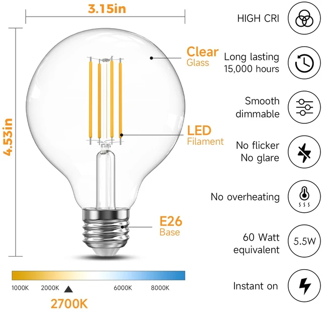 Alt view image 7 of 7 - G25 LED Globe Light Bulbs for Vanity, 60W Equivalent Dimmable, 10 Pack 2700K Warm White, 5.5W, 500 Lumens, Clear Glass Vintage Edison Filament, E26 Base, for Bathroom, Mirrors, Chandeliers
