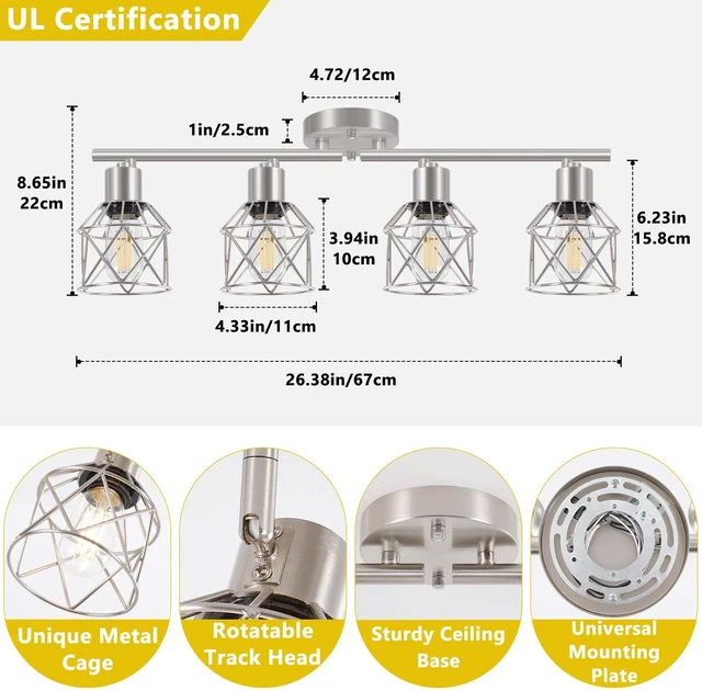 Alt view image 2 of 7 - 4-Light Kitchen Lighting Fixtures, Adjustable Multi-Directional Brushed Nickel Track Ceiling Light, Semi Flush Mount Ceiling Spotlight with Wire Cages for Living Room, Bedroom, Hallway
