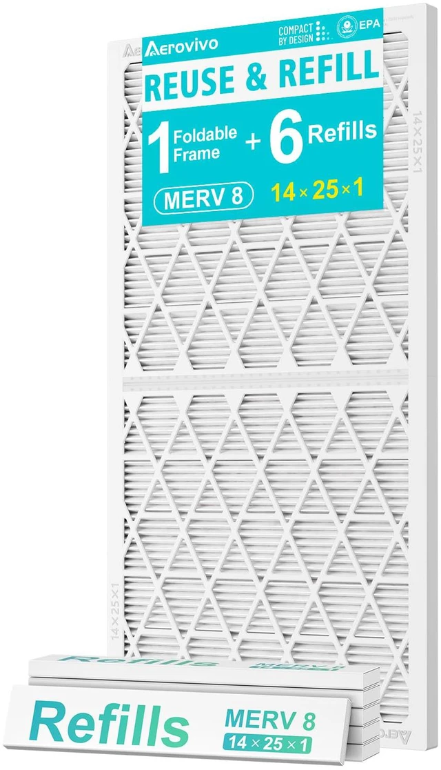 Main image of Refillable 14x25x1 Air Filter MERV 8, Reusable Frame & 6 Refills Lint, Pet Hair & Everyday Particle Control, 30-90 Day Filter for AC, HVAC & Furnace Systems, Actual Size 13.75x24.75x0.75in