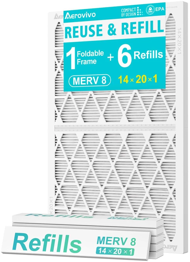 Main image of Refillable 14x20x1 Air Filter MERV 8, Reusable Frame & 6 Refills Lint, Pet Hair & Everyday Particle Control, 30-90 Day Filter for AC, HVAC & Furnace Systems, Actual Size 13.75x19.75x0.75in