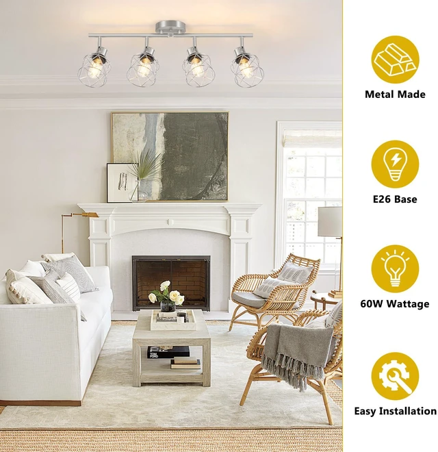Alt view image 4 of 7 - 4-Light Kitchen Lighting Fixtures, Adjustable Multi-Directional Brushed Nickel Track Ceiling Light, Semi Flush Mount Ceiling Spotlight with Wire Cages for Living Room, Bedroom, Hallway
