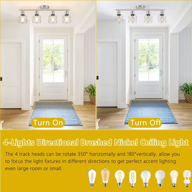 Alt view image 5 of 7 - 4-Light Kitchen Lighting Fixtures, Adjustable Multi-Directional Brushed Nickel Track Ceiling Light, Semi Flush Mount Ceiling Spotlight with Wire Cages for Living Room, Bedroom, Hallway