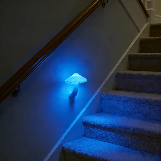 Alt view image 4 of 7 - 4 Pack Plug in Night Lights with Light Sensor,Blue Mushroom Light Auto Dusk to Dawn Sensor, Nightlights Kids, Adults, Bedroom, Bathroom,Hallway, Stairs, Kitchen