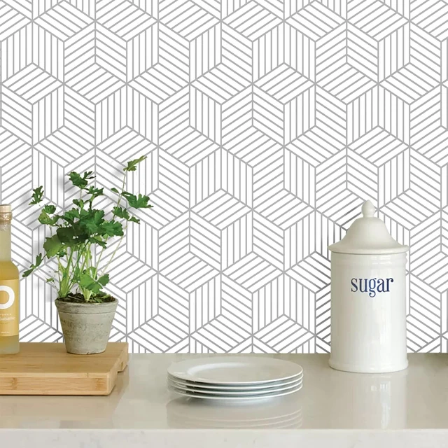 Main image of White and Silver Peel and Stick Wallpaper Modern 17.7×393 Sliver Stripe Wallpaper Self Adhesive Removable Wallpaper Geometric Pattern Hexagon Wallpaper Shelf Drawer Liner Vinyl Film