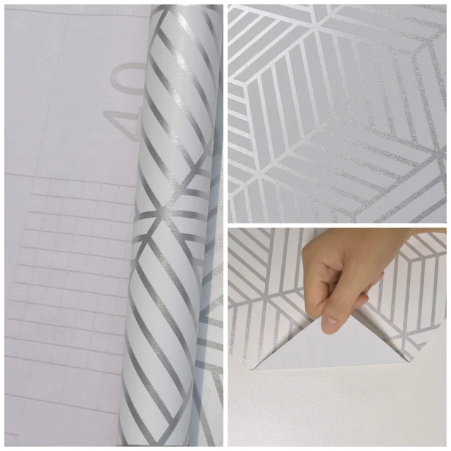 Alt view image 5 of 7 - White and Silver Peel and Stick Wallpaper Modern 17.7×393 Sliver Stripe Wallpaper Self Adhesive Removable Wallpaper Geometric Pattern Hexagon Wallpaper Shelf Drawer Liner Vinyl Film