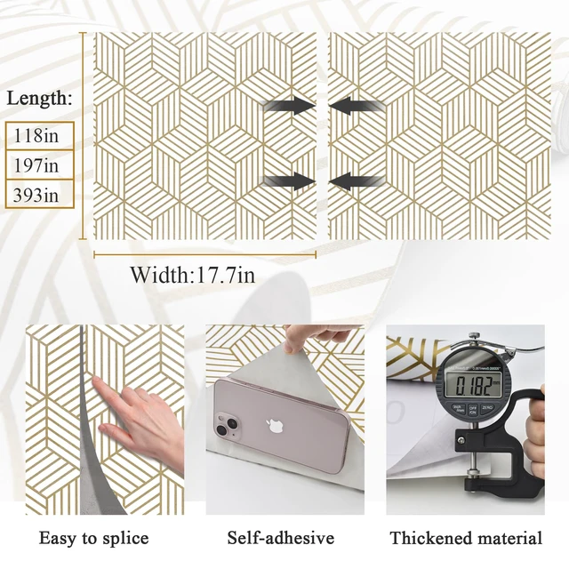 Alt view image 3 of 7 - Geometric Contact Paper Peel and Stick Wallpaper Gold 17.7×393 Self Adhesive, Removable Wallpaper for Bedroom/Bathroom Waterproof, Modern Contact Paper for Cabinets Liner Easy to Install