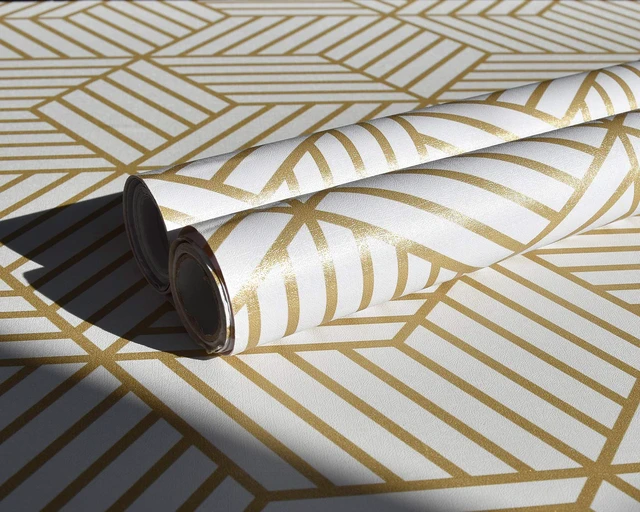 Alt view image 6 of 7 - Geometric Contact Paper Peel and Stick Wallpaper Gold 17.7×393 Self Adhesive, Removable Wallpaper for Bedroom/Bathroom Waterproof, Modern Contact Paper for Cabinets Liner Easy to Install