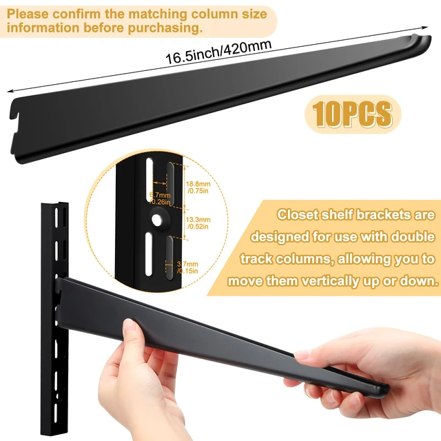 Alt view image 2 of 6 - 10 Pack Adjustable Shelf Brackets for Double Track System Closet Organization Heavy Duty Wire Shelf Brackets (Black,16.5 Inches)