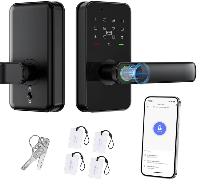 Main image of WiFi Keyless Entry Door Lock with Handle,Door Locks for Front Door,Deadbolt Fingerprint Door Knob, Keypad Deadbolt with App Remote/WiFi/Key/IC Card/ Passcode, Smart Lock & Front Door Handle-Black