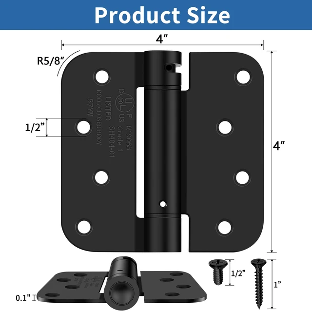 Alt view image 2 of 7 - 4 Inch Self Closing Door Hinges, 5/8" Radius Corners Spring Loaded Hinges for Exterior, Garage, Front and Back Door, UL Listed, for Left and Right Hand Door, Matte Black, 6 Pack