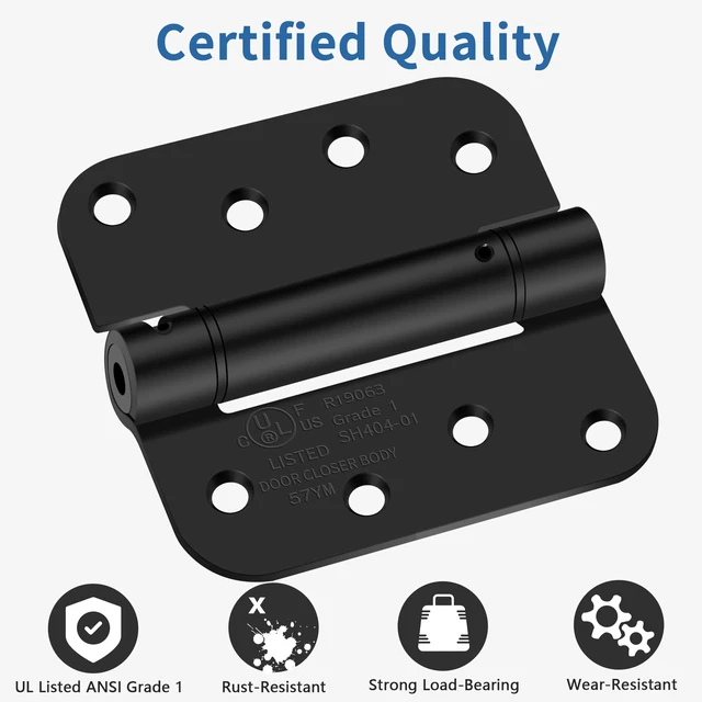 Alt view image 3 of 7 - 4 Inch Self Closing Door Hinges, 5/8" Radius Corners Spring Loaded Hinges for Exterior, Garage, Front and Back Door, UL Listed, for Left and Right Hand Door, Matte Black, 6 Pack