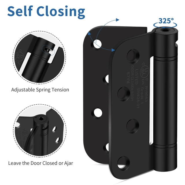 Alt view image 4 of 7 - 4 Inch Self Closing Door Hinges, 5/8" Radius Corners Spring Loaded Hinges for Exterior, Garage, Front and Back Door, UL Listed, for Left and Right Hand Door, Matte Black, 6 Pack